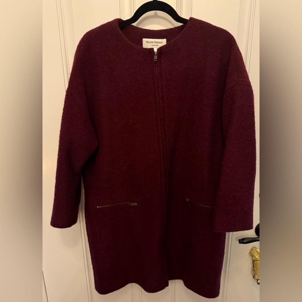 Helene Berman Burgundy Lined Zip Boiled Wool Coat